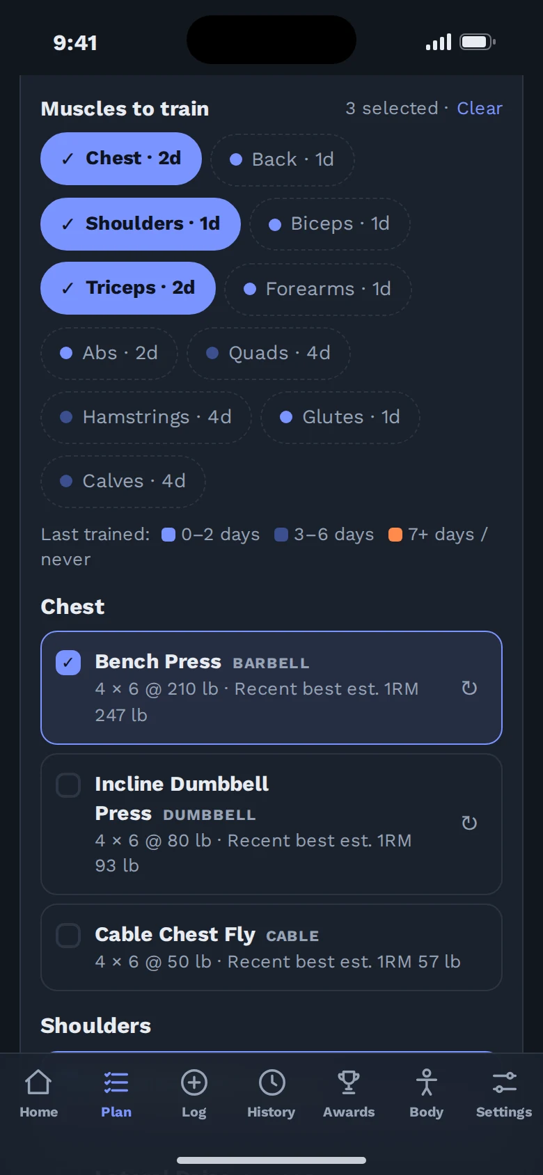 Rep Metrics plan screen with muscles selected and suggested lifts with starting weights